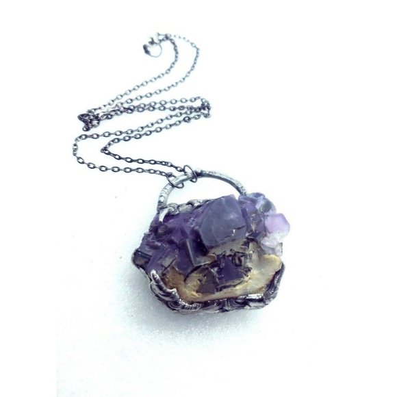 Huge Purple Flourite Octohedral crystal necklace  handmade gothic fantasy metal - Picture 5 of 12